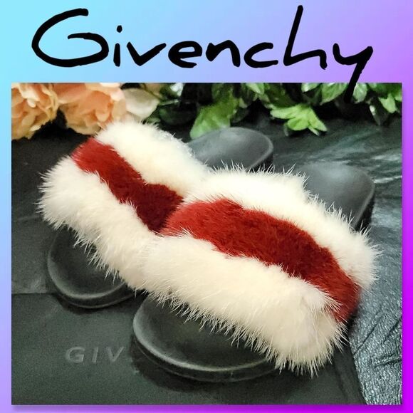 GIVENCHY Fox Fur Tisci fox fur red whitedebossed logo black slides - Picture 1 of 12